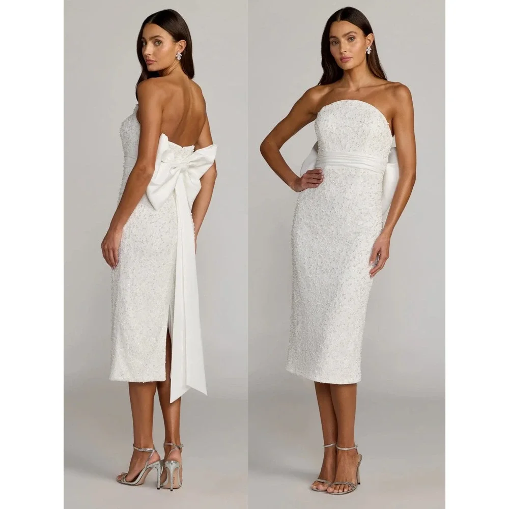 NWT Mac Duggal Ivory Strapless Beaded Bow Back Midi Dress‎ $498 - Size 6